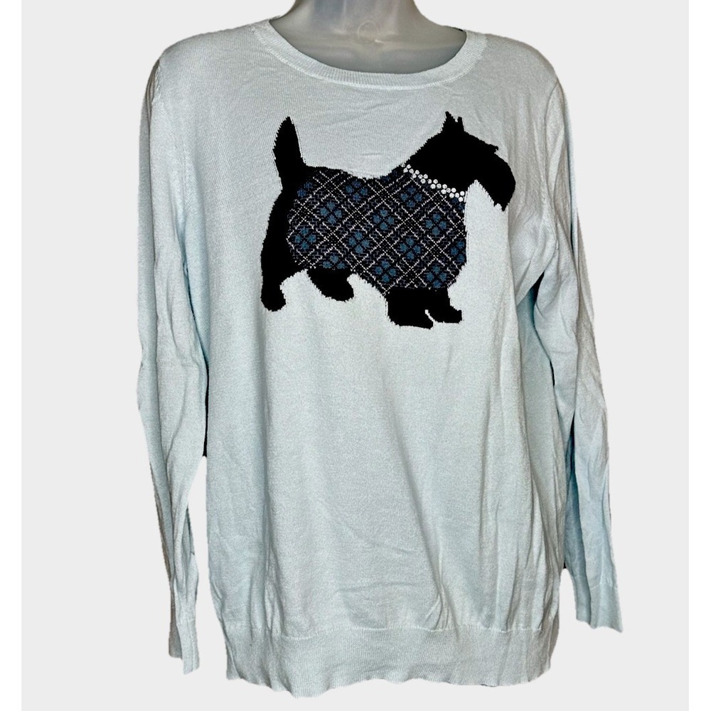 Loft Crewneck Sweater Size LP Blue Black Scotty Scottie‎ Terrier Dog Rhinestones